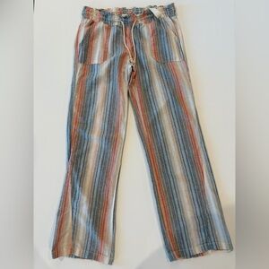 April Kiss Smocked Waist Boho Linen Cotton Blend Large Beach Pants Blue Orange